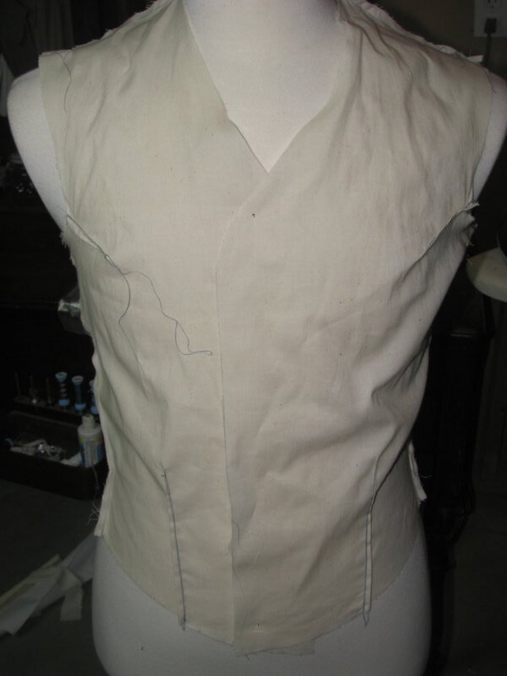 A muslin toile to test the fit of the waistcoat pattern.
