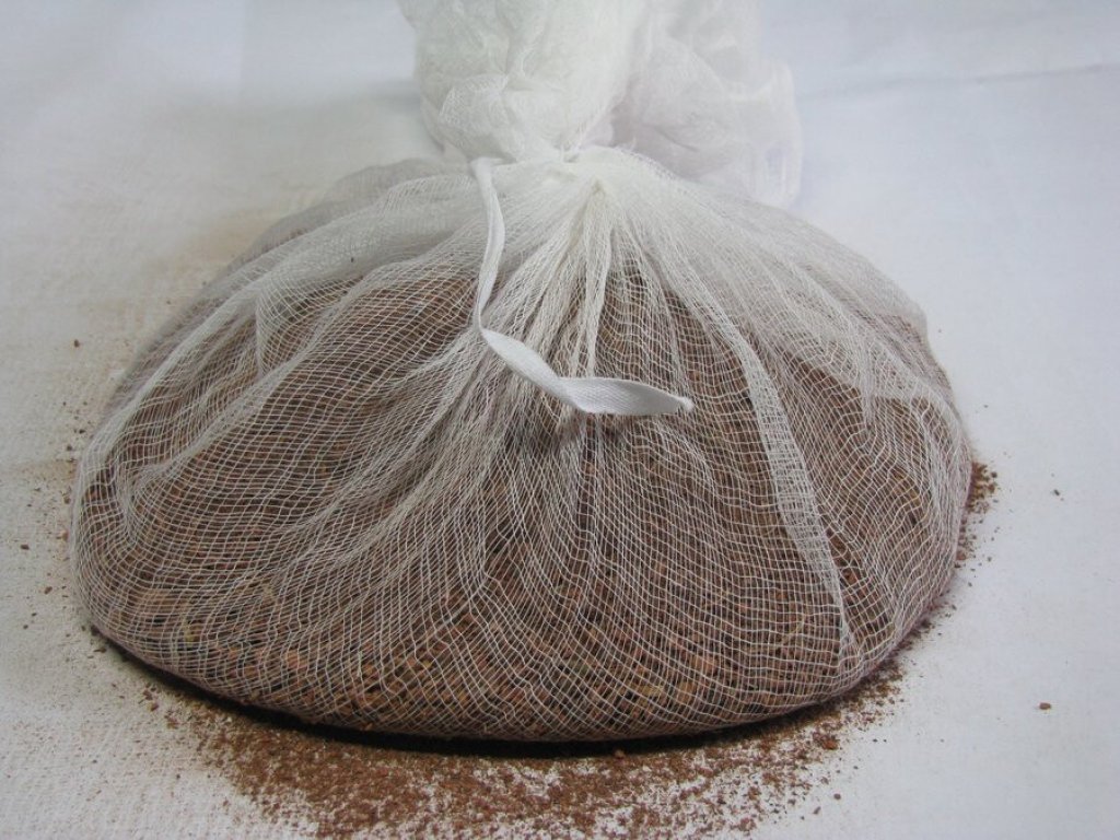Madder root in a cheese cloth bag.